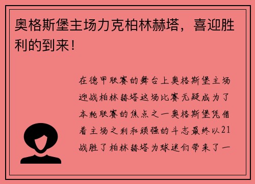 奥格斯堡主场力克柏林赫塔，喜迎胜利的到来！