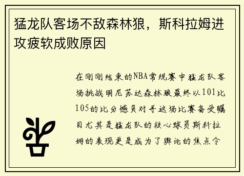 猛龙队客场不敌森林狼，斯科拉姆进攻疲软成败原因