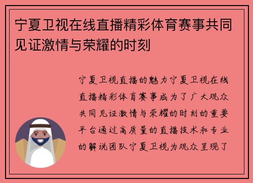 宁夏卫视在线直播精彩体育赛事共同见证激情与荣耀的时刻