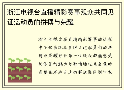 浙江电视台直播精彩赛事观众共同见证运动员的拼搏与荣耀